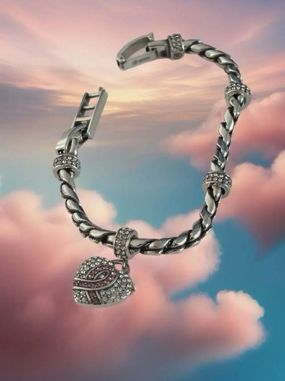 Brighton Silver Plated Braided Bracelet w Pink Ribbon Heart Charm Meridian